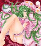  clock garters green_eyes green_hair hat kazami_yuuka kazami_yuuka_(pc-98) long_hair lying marker_(medium) nightcap nightgown open_mouth pajamas panties pillow shikishi solo touhou touhou_(pc-98) traditional_media underwear watch white_panties yukitsuki_kokoro 