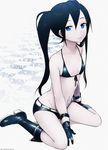  bad_id bad_pixiv_id bikini_top black_hair black_rock_shooter black_rock_shooter_(character) blue_eyes boots breasts eventh7 gloves highres long_hair pale_skin scar short_shorts shorts sitting small_breasts solo twintails very_long_hair wariza 