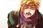  2f_sq blonde_hair blood blood_on_face caesar_anthonio_zeppeli facial_mark feathers fingerless_gloves gloves green_eyes green_jacket hair_feathers headband jacket jewelry jojo_no_kimyou_na_bouken male_focus ring scarf solo 