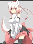  animal_ears black_legwear breasts detached_sleeves hat hat_ribbon highres inubashiri_momiji large_breasts letterboxed long_sleeves looking_at_viewer mii_(makosuke) open_mouth pink_eyes ribbon shirt short_hair silver_hair skirt solo tail thighhighs tokin_hat touhou v_arms wide_sleeves wolf_ears wolf_tail zettai_ryouiki 