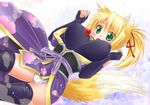  animal_ears blonde_hair blush breasts covered_nipples dog_days fingerless_gloves flower fox_ears fox_tail gloves green_eyes hair_ribbon japanese_clothes jewelry large_breasts long_hair necklace open_mouth ponytail ribbon shinozuki_takumi solo tail thighhighs yukikaze_panettone 