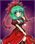  boots bow breasts cleavage dress eruru_(erl) finger_to_mouth front_ponytail green_eyes green_hair hair_bow hair_ribbon highres kagiyama_hina medium_breasts pinky_to_mouth ribbon smile solo touhou 