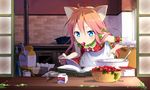  animal_ears apron bare_shoulders blue_eyes book brown_hair food fruit hand_on_hip kitchen long_hair milk mouth_hold original sama solo strawberry sweatdrop 