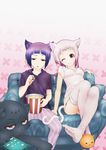  1girl animal_ears animal_slippers bad_id bad_pixiv_id cat cat_ears cat_tail controller couch eventh7 feet garter_straps highres hood hoodie one_eye_closed original pajamas panties pink_hair purple_hair red_eyes remote_control shirt shoes short_hair single_shoe t-shirt tail thighhighs underwear 