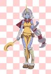  absurdres armlet bandages blue_skin breasts capelet checkered checkered_background choker crescent highres hooves horn league_of_legends long_hair medium_breasts pale_skin pointy_ears pouch qknight smile solo soraka staff very_long_hair yellow_eyes 