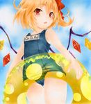  blonde_hair cameltoe covered_navel crystal fang flandre_scarlet innertube marker_(medium) no_hat no_headwear one-piece_swimsuit open_mouth red_eyes ribbon school_swimsuit shikishi short_hair side_ponytail solo swimsuit touhou traditional_media wings yukitsuki_kokoro 