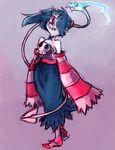  bare_shoulders blue_hair corset detached_sleeves full_body hair_over_one_eye leviathan_(skullgirls) long_hair long_skirt pale_skin red_eyes rubin side_ponytail skirt skull skullgirls smile solo squigly_(skullgirls) stitched_mouth stitches striped striped_legwear zombie 