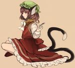  animal_ears brown_eyes brown_hair cat_ears cat_tail chen earrings fish food_in_mouth hat inazakura00 jewelry looking_at_viewer multiple_tails profile simple_background sitting solo tail touhou 