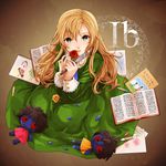  778-go bad_id bad_pixiv_id blonde_hair book brown_background copyright_name crayon doll doll_(ib) dress flower green_eyes ib knife long_hair looking_at_viewer mary_(ib) palette_knife petals rose sketchbook solo 