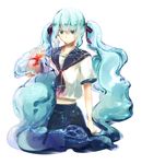  aqua_eyes bottle_miku fish green_eyes hair_ribbon hatsune_miku highres liquid_hair long_hair midriff mikanhumi ribbon school_uniform serafuku simple_background skirt solo twintails very_long_hair vocaloid water white_background 