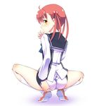  ahoge ass bad_id bad_pixiv_id hair_bobbles hair_ornament inuga_anahoru isshiki_momo kneehighs long_hair red_hair short_shorts shorts solo squatting twintails vividred_operation yellow_eyes 