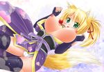  animal_ears blonde_hair blush breasts dog_days fingerless_gloves flower fox_ears fox_tail gloves green_eyes hair_ribbon japanese_clothes jewelry large_breasts long_hair necklace nipples open_clothes open_mouth ponytail ribbon shinozuki_takumi solo sweat tail thighhighs yukikaze_panettone 
