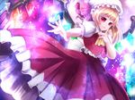  ascot blonde_hair flandre_scarlet hand_on_own_chest hat hat_ribbon long_skirt outstretched_arm outstretched_hand parted_lips red_eyes ribbon short_hair side_ponytail skirt skirt_set solo taka_(sanoujo358) touhou wings 