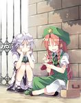  ^_^ against_wall braid chin_rest closed_eyes commentary full_body hat high_heels hong_meiling indian_style izayoi_sakuya long_hair looking_at_another maid_headdress mary_janes md5_mismatch multiple_girls red_hair satou_kibi shoes short_hair silver_hair sitting smile squatting star sweatdrop touhou twin_braids |_| 