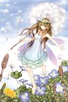  barefoot brown_eyes brown_hair dress fairy fairy_wings flower happy head_wreath highres long_hair minigirl original sky solo wings 