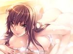  1girl ane_summer_2 areolae back bath bathtub blue_eyes breast_on_chest breast_press breasts brown_hair bubble bubbles erect_nipples fujisaka_kuuki game_cg large_breasts long_hair lying nipples nude smile steam sweat water wet 