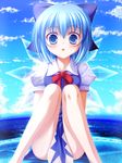  blue_eyes blue_hair blue_skirt blue_sky blush bow censored cirno cloud day hair_bow hatomura_(tareneko_club) ice ice_wings looking_at_viewer open_mouth puffy_sleeves short_sleeves sitting skirt sky solo touhou wings 
