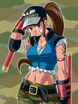  armlet baseball_cap belt breasts brown_hair crop_top dual_wielding earrings gloves hat hmisao holding jewelry kouno_youko large_breasts last_bronx long_hair midriff navel ponytail red_eyes sleeveless solo tattoo toned tonfa weapon 