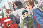  3boys :d akiyama_ryou bare_tree black_eyes blue_eyes blue_hair blush brown_hair claws closed_eyes coat creature crossed_arms culumon denim detached_sleeves digimon digimon_tamers goggles goggles_on_head green_eyes grey_eyes guilmon hat impmon jacket jeans li_jianliang makino_ruki matsuda_takato monodramon monster multiple_boys open_mouth pants poncho ponytail purple_eyes red_eyes renamon santa_hat scarf short_hair shye smile snow sweater terriermon tree yellow_eyes 