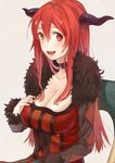  bad_id bad_pixiv_id breasts chair choker cleavage collarbone fly_(marguerite) fur_trim horns huge_breasts long_hair looking_at_viewer maou_(maoyuu) maoyuu_maou_yuusha open_mouth red_eyes red_hair sitting smile solo upper_body 