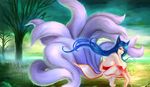  animal_ears blue_hair breasts canine clothed clothing cute female fluffy fluffy_tail fox grass hair league_of_legends long_hair mammal multiple_tails nine_tailed_fox tails tree unknown_artist 