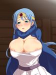  areola_slip areolae arms_behind_back belt blue_eyes blue_hair blush breasts bursting_breasts cape circlet cleavage dragon_quest dragon_quest_iii highres huge_breasts long_hair parted_lips sage_(dq3) solo sweat tsubooi 