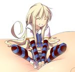  blonde_hair closed_eyes detached_sleeves flat_chest grin indian_style long_hair lowres magister_(medical_whiskey) original shiratama_liliana short_shorts shorts sitting smile solo striped striped_legwear striped_sleeves thighhighs very_long_hair 