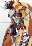  armor bad_id bad_pixiv_id brown_hair claws copyright_name digimon digimon_adventure gloves goggles goggles_on_head hajime_(hajime-ill-1st) helmet horns male_focus red_hair shorts shoulder_pads socks spikes wargreymon yagami_taichi 