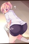  ass bad_id bad_pixiv_id bent_over bike_shorts blue_vert blush cleaning flying_sweatdrops hair_ornament looking_back open_mouth original pink_eyes pink_hair short_hair socks solo tears white_legwear 