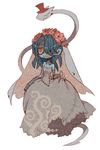  bare_shoulders blue_hair blue_skin bridal_veil detached_collar detached_sleeves dress hair_over_one_eye hat leviathan_(skullgirls) long_hair red_eyes skullgirls solo squigly_(skullgirls) stitched_mouth stitches top_hat veil wedding_dress yamada9000 zombie 