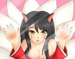  amber_eyes animal_ears anthro beg begging begging_pose beige_skin big_breasts bipedal black_hair breasts bust_portrait canine cleavage clothed clothing cute digital_media_(art) female fox front_view glass hair human_hands humanoid humanoid_face league_of_legends long_hair looking_at_viewer lotus mammal nine_tailed_fox off_shoulder on_glass open_mouth pointy_ears raised_hands red_shirt solo unknown_artist whisker_markings 