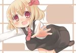  blonde_hair blush fang hair_ribbon looking_at_viewer nami_(cassette) open_mouth outstretched_arms red_eyes ribbon rumia short_hair smile solo touhou 