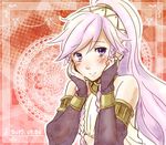  blush braid fire_emblem fire_emblem:_kakusei gloves hairband hands_on_own_cheeks hands_on_own_face long_hair olivia_(fire_emblem) pink_hair ponytail purple_eyes smile soar-star solo twin_braids 