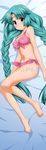  barefoot bikini blush braid breasts canal_vorfeed covered_nipples dakimakura feet front-tie_top green_hair highres long_hair looking_at_viewer lost_universe lying medium_breasts pink_bikini purple_eyes sample shiny shiny_skin side-tie_bikini smile solo strap_gap sugimura_tomokazu swimsuit twin_braids very_long_hair 