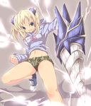  bad_id bad_pixiv_id banned_artist blonde_hair blue_eyes camouflage drill drill_hair highres hood hoodie legs long_hair midriff navel original shoes short_shorts shorts shugami sneakers solo twintails weapon 