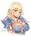  2013 angel_reina armor blonde_hair blue_eyes blush breasts cleavage commentary_request dated earrings hair_ornament jewelry large_breasts long_hair mel/a open_mouth pauldrons shingeki_no_bahamut signature solo stud_earrings upper_body 