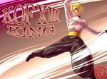  blonde_hair blue_eyes breasts croupier earrings fingerless_gloves gloves jewelry kicking king_(snk) large_breasts nikuji-kun pants ryuuko_no_ken sash shirt short_hair solo stud_earrings the_king_of_fighters 