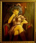  1girl armchair bat_wings blue_hair chair fang female hat highres oil_painting_(medium) red_eyes red_upholstery remilia_scarlet sitting smile throne touhou traditional_media wings yo-chaosangel 