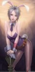  animal_ears belt big_breasts breasts brown_eyes bunny_tail bunnysuit carrot carrots cleavage clothed clothing collar cute detached_collar female glove grey-hair grey_hair hair hilt human lagomorph league_of_legends looking_at_viewer mammal necktie not_furry pantyhose rabbit rabbit_ears riven shackles short_hair silver_hair smile solo tree vasily weapon wrist_cuff 