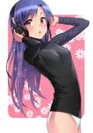  arms_up bad_id bad_pixiv_id blush brown_eyes headphones idolmaster idolmaster_(classic) kisaragi_chihaya long_hair no_pants panties purple_hair sonsoso sweater underwear 