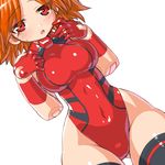  black_legwear breasts brown_hair busou_shinki covered_navel dd_(ijigendd) doll_joints gloves large_breasts leotard red_eyes red_leotard short_hair simple_background solo thighhighs thighs tigris white_background wide_hips 
