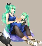  bracelet cat dress green_eyes green_hair hatsune_miku jewelry long_hair mature multiple_girls necktie open_mouth ponytail pregnant shoes simple_background sitting twintails very_long_hair vocaloid younger yuki_tarou 