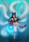  ahri animal_ears bad_id bad_pixiv_id black_hair braid breasts cleavage detached_sleeves facial_mark fox_ears fox_tail highres large_breasts league_of_legends long_hair luvsyung smile solo tail whisker_markings yellow_eyes 