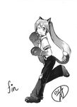  animal_ears back_cover cat_ears comic cover full_body greyscale hatsune_miku kemonomimi_mode long_hair monochrome one_eye_closed pants paws smile stufquin suspenders tail twintails vocaloid 