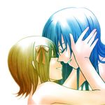  amami_haruka blue_hair brown_hair closed_eyes face-to-face forehead-to-forehead hair_ribbon holding_head idolmaster idolmaster_(classic) kisaragi_chihaya lowres multiple_girls ribbon yuri zwolf79322 