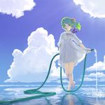  bad_id bad_pixiv_id barefoot cloud cojibou day dress green_hair hair_bobbles hair_ornament hose original red_eyes side_ponytail smile solo water 