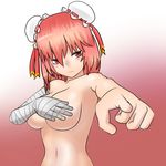  bandages breasts bun_cover covering covering_breasts double_bun fuji_retsu ibaraki_kasen large_breasts nude pink_eyes pink_hair pointing pointing_at_viewer short_hair solo touhou 