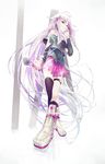 ahoge bare_shoulders blue_eyes boots braid character_name full_body highres ia_(vocaloid) kenshin lavender_hair long_hair looking_at_viewer looking_down microphone off_shoulder simple_background single_thighhigh skirt solo thigh_strap thighhighs twin_braids very_long_hair vocaloid 