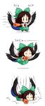  &gt;_&lt; :&lt; arm_cannon black_wings bow brown_eyes brown_hair cape chibi closed_eyes failure flying hair_bow highres lying mazume mismatched_footwear red_eyes reiuji_utsuho tears third_eye touhou unyu weapon wings 