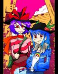  alternate_costume bad_id bad_pixiv_id bag belt between_breasts blue_hair bow breasts clothes_between_breasts clothes_writing contemporary food fruit hat hat_bow hat_ribbon hinanawi_tenshi leaf ljn medium_breasts multiple_girls nagae_iku peach purple_hair racket rainbow red_eyes ribbon setz symbol-shaped_pupils touhou 